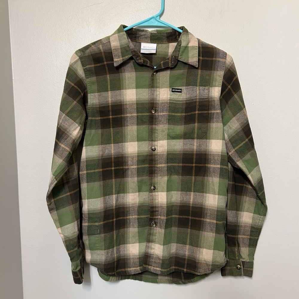 Columbia Flannel Shirt Kids L 14/16 Grey Black Excellent Buffalo Plaid Green